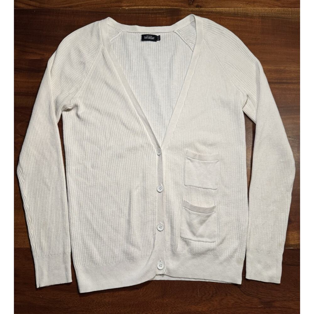 Kate Spade Saturday Women’s White Linen Blend Ribbed Button front Cardigan Sz S